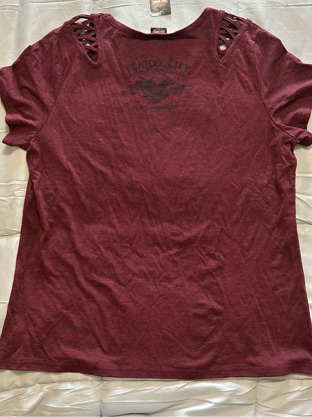 Harley-Davidson Women's Burgundy Lattice-Shoulder Logo Tee - Picture 3 of 12